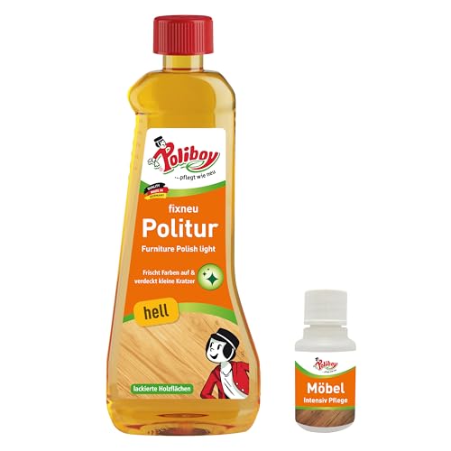 POLIBOY fixneu Politur hell - Möbelpolitur für helle lackierte Hölzer - farbauffrischende Holzpolitur - 500ml - Mit Produkt-Probe