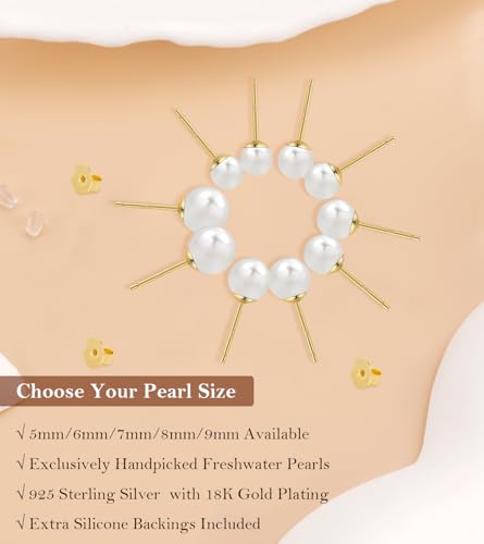 Freshwater Pearl Stud Earrings for Women, Hypoallergenic 18K Gold Vermeil Earrings Studs with Genuine Round White Pearls4