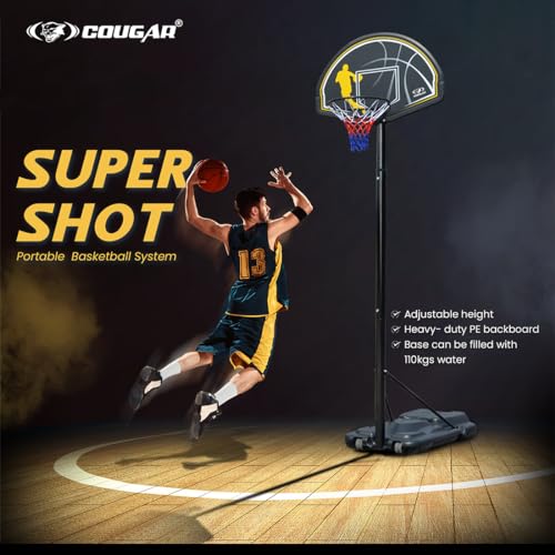 Image of COUGAR Super Shot Portable Basketball Hoop System | Professional Height Adjustable(7.5 to 10ft) Basketball Stand for Kids & Adults | Heavy Duty PE Backboard |110kg Water /Sand Fillable Base & Wheels