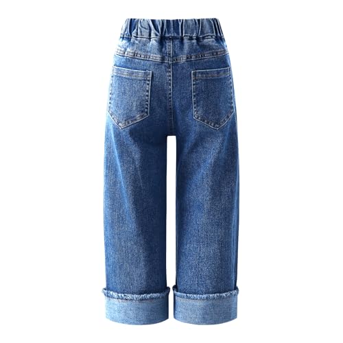 Girls Stretch Waist Jeans | Toddler Straight Leg Denim Pants with Roll-Up Cuff & Strawberry Embroidery | Comfortable2