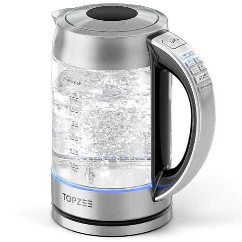 TOPZEE 1.7L Glass Electric Kettle for Coffee & Tea, Hot Water Boiler with 6 Preset Temperatures, Keep Warm and Memory Function, Auto Shut-off & Dry Boil Protection, BPA Free, Rapid Boil, 150