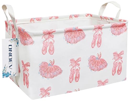 Image of Rectangular Pink Ballerina Closet Storage Bin | Damp resistant canvas fabric, sturdy stitched carry grips, space-saving holder arranges bedroom and vanity daily supplies