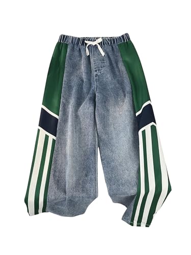 SweatyRocks Boy's Color Block Loose Straight Leg Jeans Elastic Waist Striped Denim Pants