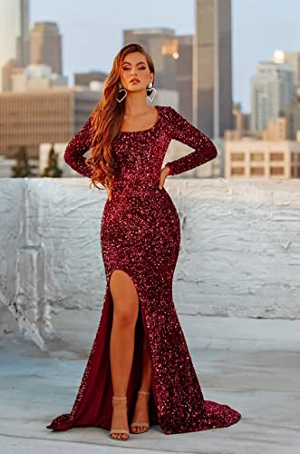 Qqcute Red Sequin Prom Dress With Long Sleeves For Women Sparkly Mermaid Bodycon Scoop Neck Formal Evening Party Gowns With Slit(2) #TOP1