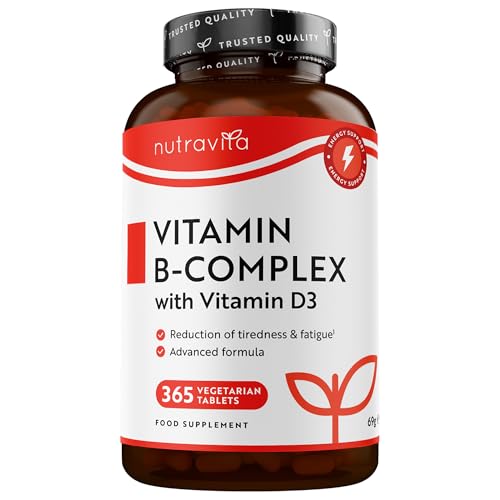 Nutravita Vitamin B Complex High Potency - 1 Full Year Supply - 8 Vitamins B1-B2-B3-B5-B6-B12 Biotin Folic Acid & VIT D3 in 1 High Strength Micro Tablet - Reduction of Tiredness - Made in The UK