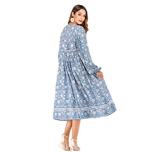 R.YIposha Women's Long Sleeve Floral Print Tassel V Neck Bohemian Loose Midi Dresses,4-6,Light Blue