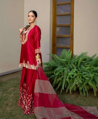 SOKHI JEWELS Women's Chinon Silk Sequence Embroidery Work Straight Kurti With Sharara Suit and Dupatta Set3