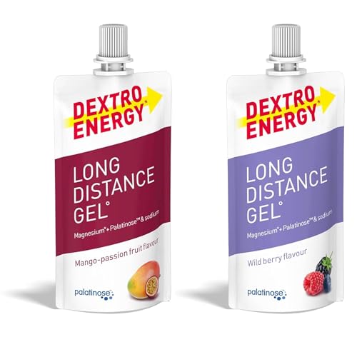 Dextro Energy Long Distance Gel, paquete mixto de 2 sabores, 12 x 50 ml (paquete de 12), para esfuerzos prolongados e intensos