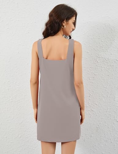 Image of Burtell Summer Sleeveless Cotton Linen Mini Dresses for Women Casual Square Neck Backless Short Dress Solid Tank Shift Dress