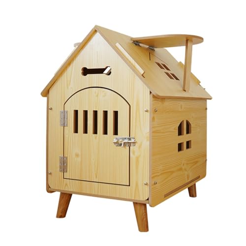 Casa de madera para perros para uso en interiores y exteriores, resistente al viento y a la lluvia, con almacenamiento superior, fácil de montar, transpirable, para mascotas pequeñas y medianas