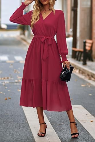 Image of PRETTYGARDEN Women's Floral Boho Dress Fall Long Sleeve Wrap V Neck Ruffle Flowy Maxi Spring Wedding Guest Vacation Dresses