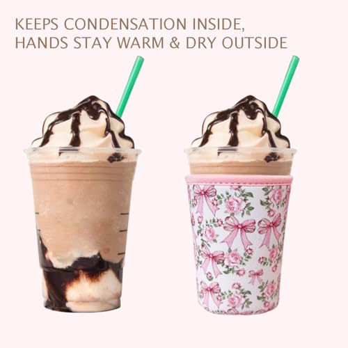 Image of Reusable Insulated Neoprene Iced Coffee Cup Sleeve, Durable Drink Sleeve for Cold Beverages, Beverage Holder for Iced Coffee, Ribbon Rose