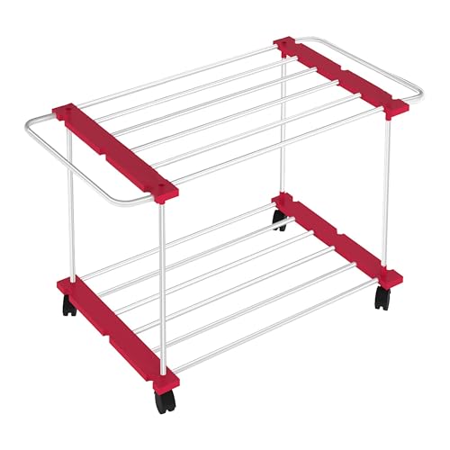 Image of TNT THE NEXT TREND Trixy 1 Layer Carbon Steel Indoor & Outdoor Clothes Drying Stand with U-Bar, Wheels, 16.7 ft Drying Space, (L96 x B45.3 x H65.5 cm), 5 Year Rust Proof Warranty, Cherry