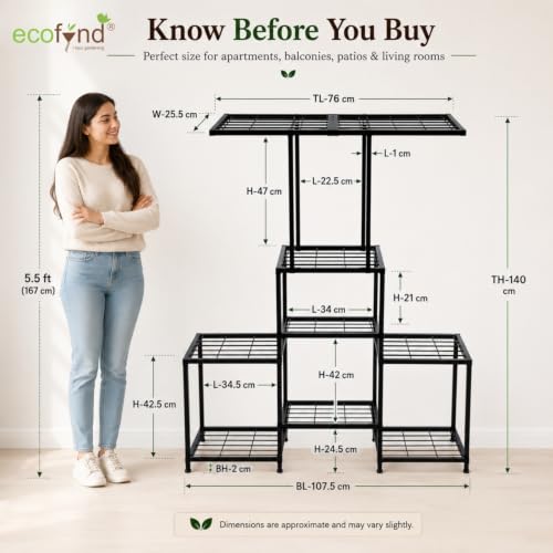 Image of ecofynd Koda Plant Stands for Outdoor Balcony, Flower Pot Stand for Indoor Plants, Large Metal Planter Stand for Living Room, Home Decor, Indoor & Outdoor Plants, 8 Tier (PS055-BLK)