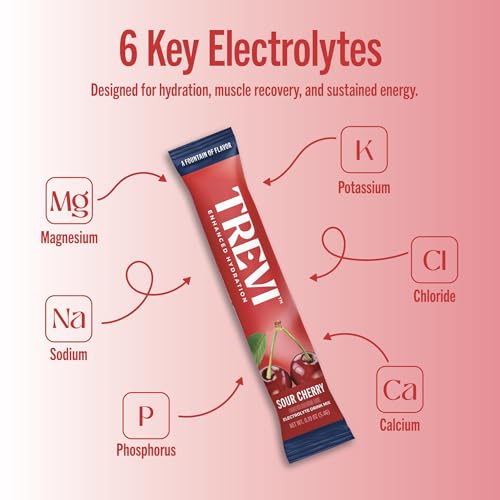 Image of TREVI Electrolytes Powder Packets Sugar Free Hydration Sour Cherry 28 Count | Essential Daily Drink Mix, 0 Sugar, Magnesium, Potassium, Vitamin C, Calcium, B6 & B12 Vitamins