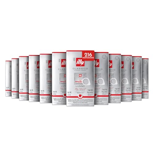 illy, Café en Cápsulas E.S.E Monodosis Tostado CLASSICO Lungo, 100% Arábica con Notas de Azahar y Jazmín, Sabor Suave y Sabor Final Dulce, 12 Paquetes de 18 Cápsulas Compostables