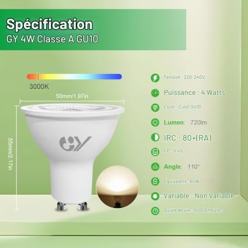 GY Ampoules LED GU10 Classe A 4W Equivalent 60W, 720LM 3000K Blanc Chaud, Angle de Lumière 110°, Ampoule GU10 Led Efficacité Energétique, Design pour protéger les yeux，Non-Dimmable, Lot de 12 – vue 5