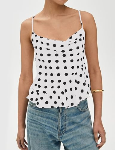 TERIVEEK Womens Polka Dot Tank Tops Cowl Neck Ruffle Blouse Tie Back Sleeveless Asymmetrical Hem Shirt Going Out Tops White — view 4