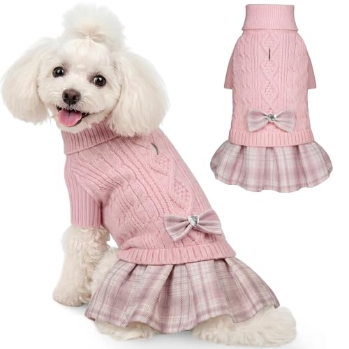 Image of YUDODO Small Dog Sweater Dress with Bowtie Turtleneck Knitted Pet Clothes