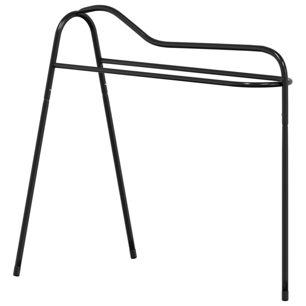 Cavalletto per sella con 3 gambe in ferro verniciato a polvere, nero, 70 x 43 x 63 cm, con gancio per accessori per sella, stalla, pascolo, allenamento e torneo, robusto e versatile