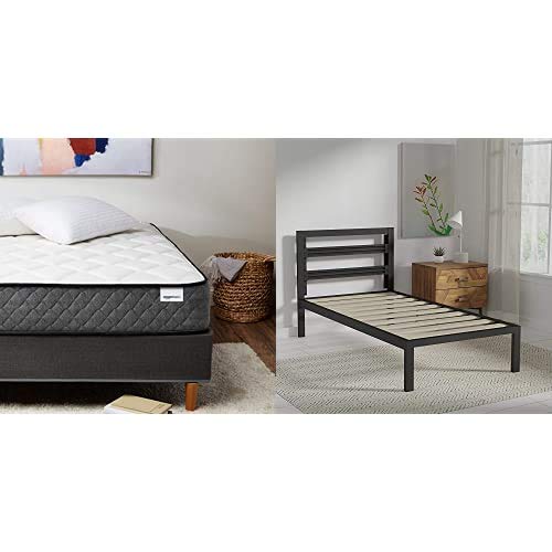 Amazon Basics Premium Hybrid Mattress Memory Foam - 12-Inch, Twin Metal Bed With Modern Industrial Design Headboard - 14 Inch Height For Under-Bed Storage, Twin #TOP27