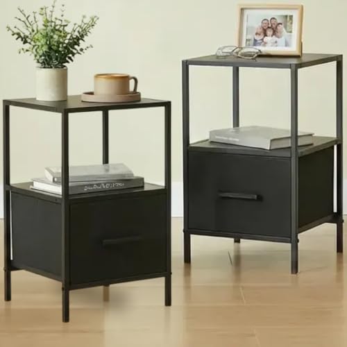 CASABEL Lot de 2 Tables de Chevet Noires avec tiroir en Tissu renforcé, Bois et Cadre métal, 30×30×50cm, Tables de Nuit pour Chambre ou Table d’appoint...