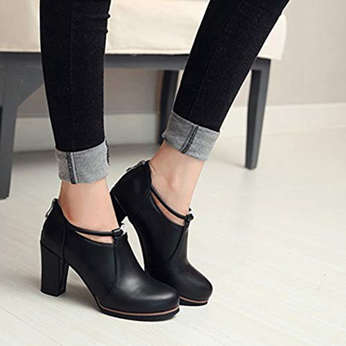 VOKLIN Women's Round Toe Dressy Ankle Booties Leather Pump Oxford Shoes Chunky Block High Heels Short Boots3