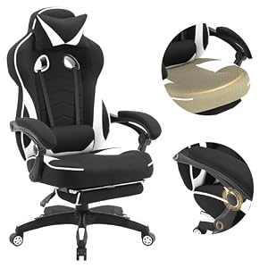 WOLTU Sedia da Gaming Tessuto Traspirante, Fresco D'estate，Poltrona Gamer Ergonomica con Poggiapiedi, Schienale & Sedile Grandi Comodo, Nero+Bianco Bianco Tessuto elasticizzato