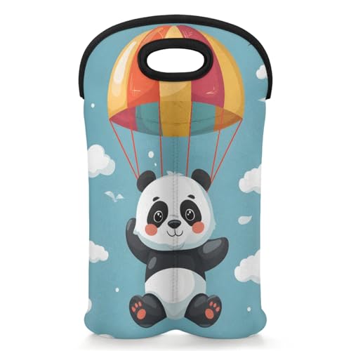 GzLeyigou 2 Bottles Panda Parachute Wine Bag Sleeve Totes Neoprene Protective Wine Carrier Bag for Wine,Water, Champagne, Beer, Baby Bottles,Gift 14.5 x 10 Inches