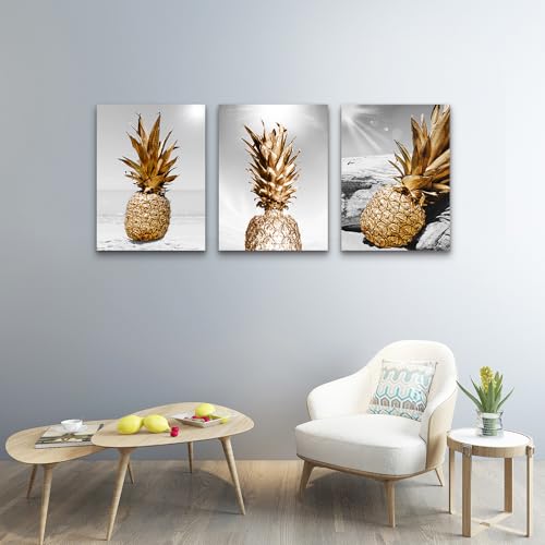 DZRWUBHS Framed Canvas Wall Art For bedroom Black And White Wall Decoration For kitchen Dining Room Office Beach Scenery Golden Pineapple Paintings Artwork Ready To Hang Living Room Home Decor