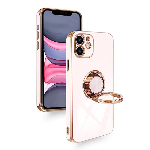 iPhone 11 ケース リング付き 360°回転スタンド 車載ホルダ対応 スタンド機能 耐衝撃 アイフォン 11 スマホケース カバー 薄型 軽量 メッキ加工 キカメラ保護 ストラップホール付き Zeunoen(ピンク)