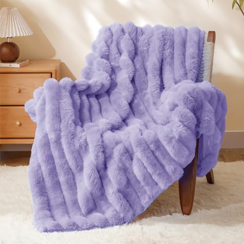 Image of BEDELITE Faux Fur Throw Blanket for Couch, 770GSM, 60 inch x 80 inch, Lavender | Soft and Cozy Luxurious 3D Striped Fluffy Blanket, Warm Plush Fuzzy Faux Rabbit Fur for Women Gift, Stylish Room Decor