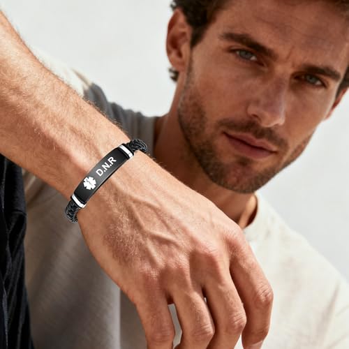 Pulsera de alerta médica para hombre de cuero miniatura 6