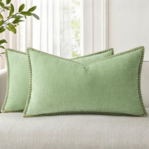 Image of decorUhome Fall Chenille Soft Cozy Throw Pillow Covers 12x20 Set of 2, Modern Farmhouse Boho Velvet Decorative Pillow Cases with Stitched Edge for Couch Sofa Bed Home Decor, Sage Green