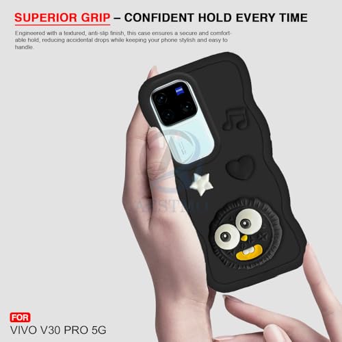 Image of AESTMO Back Case Cover for Vivo V30 / V30 Pro 5G | 3D Cute Fun Cartoon Characters | Anti Slip Grip Cute Wave Curly Frame Shape | Full Body Protection Back Cover for Vivo V30 / V30 Pro 5G (Black)