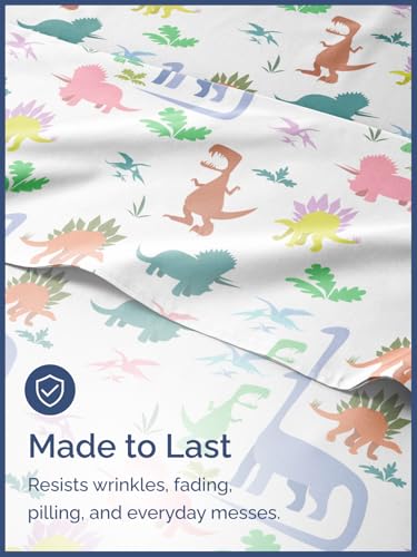 Image of Kids Full Size Bed Sheet Set - 4 Piece Kids Loft Bed Sheets - Boys Dinosaur Themed Bedding - Soft, Cute & Cozy - Breathable & Machine Washable - Colorful Dino Bed Set for Boys, Girls, Teens & Toddlers | Dinosaurs Themed Bedding, Ultra-Soft, Cute & Cozy, Breathable & Machine Washable, Bed Set for Boys, Girls & Teens, Breathable