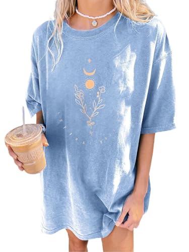 Image of Remidoo Women's Casual Short Sleeve Graphic Oversized T Shirt Loose Letter Print Tee Top Blouse Blue Small