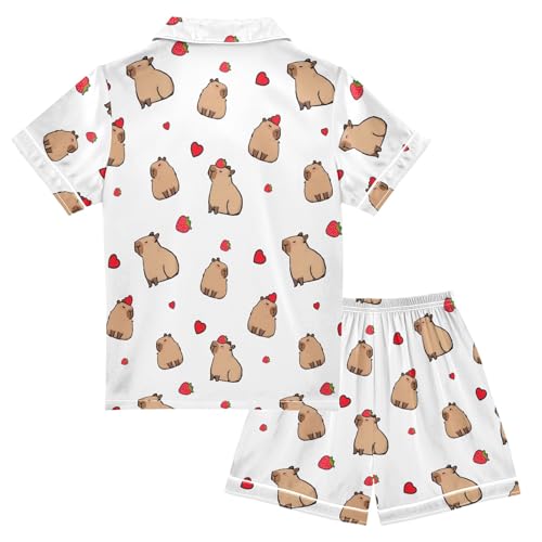 Lovely Capybara with Strawberry Yellow Summer Satin Pajama Set, Cute Button-Down Sleepwear Pj Set for Sleep Wears2