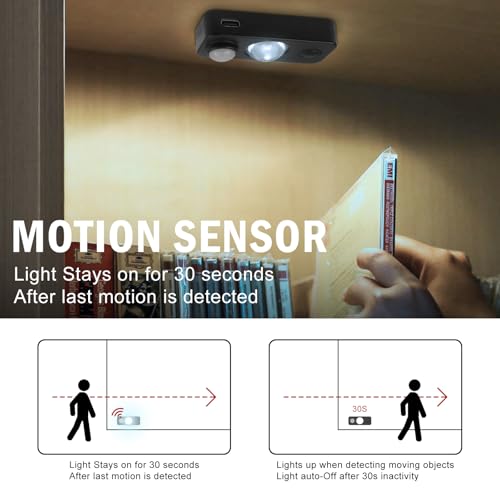 Image of Black Motion Sensor Night Light, Wireless Rechargeable Puck Lights for Cabinet, Dimmable Stick on LED Closet Lights, Daylight White Motion Sensor Light Indoor (4 Pack)