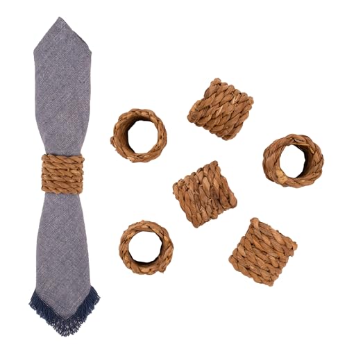 KAZI Essentials Napkin Rings Set of 6, Boho Natural Woven Raffia Napkin Rings, Eco-Friendly Napkin Holders Handmade by African Artisans, Coastal, Nautical, Farmhouse Décor (Cattail)