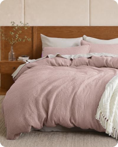 Image of Bedsure PureWoven 3 Pieces 100% Cotton Waffle Duvet Cover Set, Queen, Pink