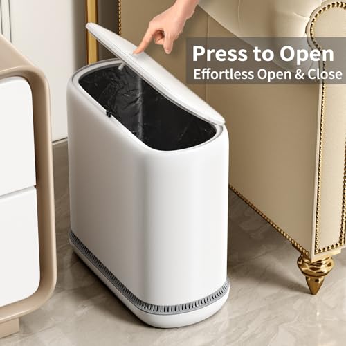 Image of Bathroom Trash Can with Lid, 3 Gallon Small Slim Garbage Bin with Auto-Adsorption & 75 Bags (5 Rolls), Mini Waste Basket Dog Proof for Bathroom, Kitchen, Office, Bedroom, Laundry, Toilet, Rv, White