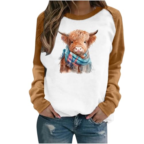 Womens Highland Cow Shirts Cute Animal Graphic Farm Pullover Sweatshirt Western Cowgirl Long Sleeve Casual Tops Brown