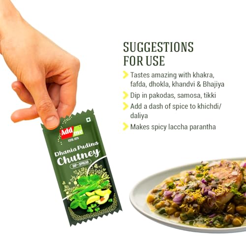 Add me Dhania Pudina chutney 12gm Sachet chotu Pack, green hari chatni for bhel pani puri 48 Sachet 576 Grams Fresh ready to eat