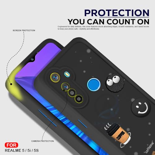 Image of AESTMO Back Case Cover for Realme 5 / 5S Cover | Cute Fun Cartoon 3D Ball | Coffee Silicone Case | Full Body Protection | Camera Protection Back Cover for Realme 5 / 5S (Black)