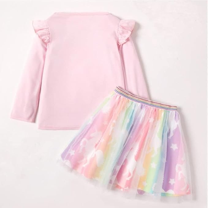 Image of HIKUJ Girls Skirt Top Set Poly Cotton | Unicorn Printed Full Sleeve Top With Flared Skirt | Kid Girls Cute Dress| Girls Birthday Dress Set