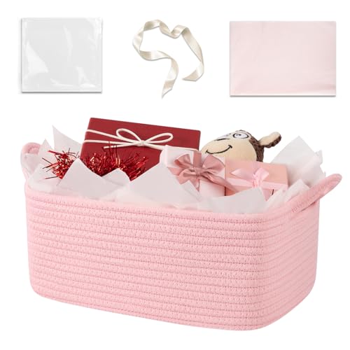 Image of OIASKET Gift Basket Empty with Handle, Small Woven Baskets for Gifts Empty | 13.6 inchx10 inchx5.9 inch, Baby Shower Toy Storage Baskets, Dog Toy Storage for Organizing, with Gift Bag Ribbon Tissue Paper
