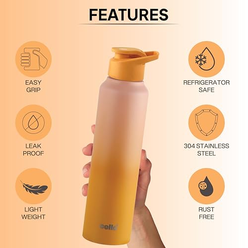 Image of CELLO Aqua Pro Max Stainless Steel Water Bottle 1000 ml Pink & Yellow | ISI Certified Single Wall Rust & Leakproof Fridge Safe Stylish Easy Grip Colorful Steel Water Bottle For Office & Daily Use
