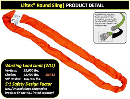 LIFTEX® | Dual Cover Polyester Lifting Round Sling | Orange x 16' Endless (V:53000; C:43400; B:106000) | Made in USA | Polyester Heavy Duty Lifting Rigging Moving Towing Hoisting
