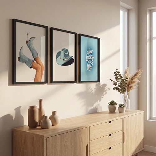 Image of NoWorries Cowboy Western Wall Art Framed Painting Set of 3 | Boots, Hat & inchHow Lucky Are We inch Quote Prints with Frame | Vintage Western Aesthetic Decor Frames | Rustic Country Wall Art for Living Room, Bedroom and Bar, Framed Artwork Ready to Hang (Art-6, 10x13inch, Wooden)